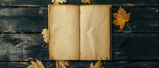 Wall Mural - Vintage book, open, on old wooden table. Withered leaves around. Open Book blank on old wooden back. book with blank pages