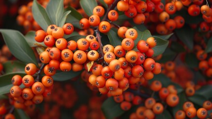 Vibrant firethorn berries clusters in late autumn garden