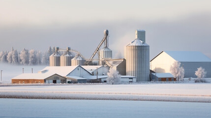 Canvas Print - A winter landscape featuring a farm with multiple grain silos, buildings, and snow-covered trees and fields.