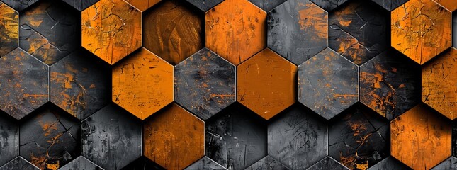 Poster - 3D illustration of an abstract futuristic luxurious digital geometric technology hexagon background banner - Glowing gold, brown, gray and black hexagonal 3D shapes texture wall (Stock).