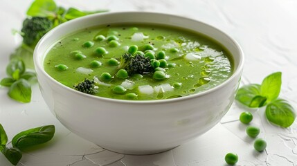 Poster - Fresh vegetable green cream soup in a white bowl with greens