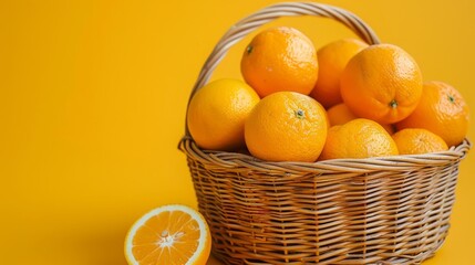 Wall Mural - Close up of wicker basket filled with fresh oranges against bright yellow background