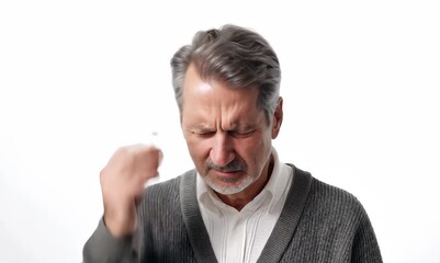 Sticker - Lifestyle portrait video of a man in his 50s visibly in discomfort and fatigue from an autoimmune disease like lupus wearing a chic cardigan against a white background 