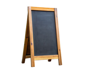 A wooden framed blackboard sign with a clean, blank surface ready for writing. Perfect for cafes, restaurants, or shops. Isolated on transparent background, png.