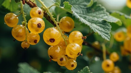 Wall Mural - Bunches of young green yellow imma fruits growing on a vibrant green branch