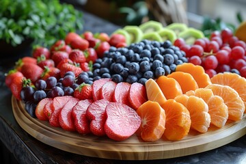 Poster - colorful fruit display arranged artfully on wooden platter in natural light during daytime