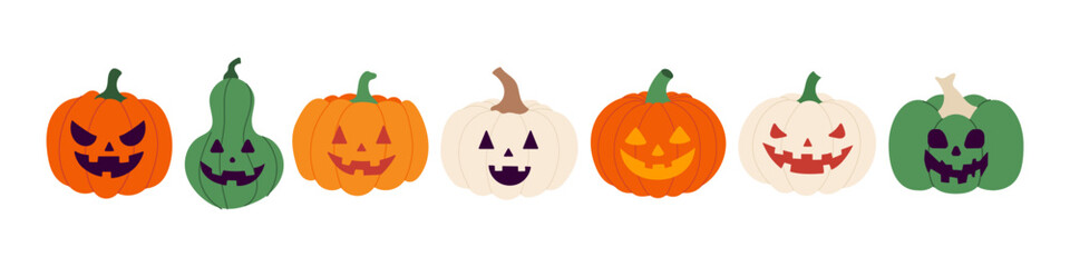 Wall Mural - A row of pumpkins with different expressions, including one with a smile and one with a frown