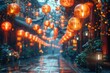 © Ghiska - A street scene with a lot of orange lanterns hanging from the buildings.