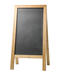 A wooden framed blackboard sign with a blank surface, perfect for writing messages, menus, and advertisements in cafes or shops. Isolated on transparent background, png.