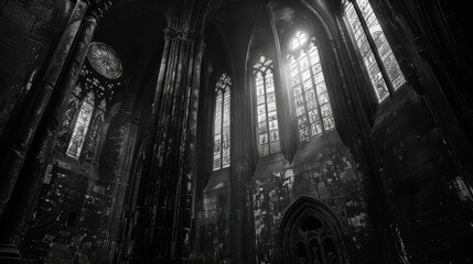 a dark, empty room with stained glass windows. the room is dimly lit, giving it a mysterious and eer