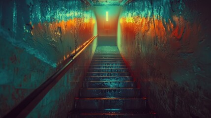 Poster - Abstract light patterns on wet stairs in dimly lit underground space