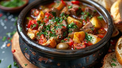 Poster - Portuguese style stew with tomato and olive sauce served in rustic pot