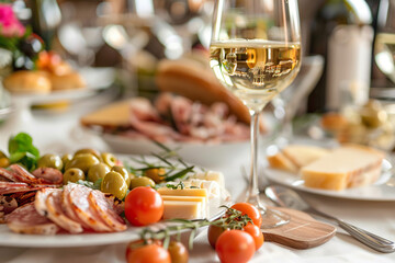 Wall Mural - A table with a variety of food and drinks, including a glass of white wine.