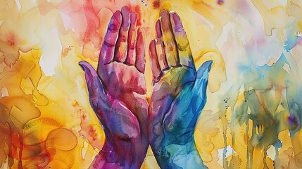 Two Hands Reaching Upwards with a Watercolor Background