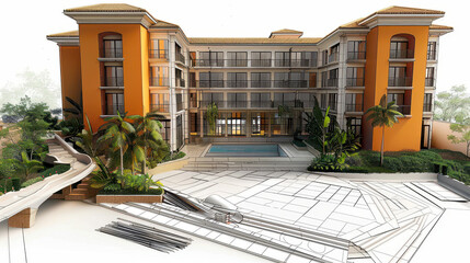 Poster - architectural design concept of a modern residential building with swimming pool, tropical landscapi