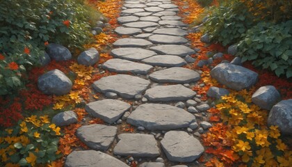 Wall Mural - Stone steps leading through a garden path scattered with autumn leaves