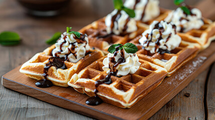 Sticker - Belgian waffles topped with whipped cream, chocolate syrup, and mint leaves on a wooden board.