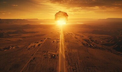 Poster - A large explosion erupts in the desert, casting a fiery glow across the landscape. AI.