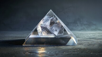 Poster - Crystal pyramid displayed on a dark surface under soft lighting