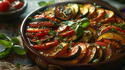 Wall Mural - Ratatouille cooking process with fresh ingredients in a rustic kitchen