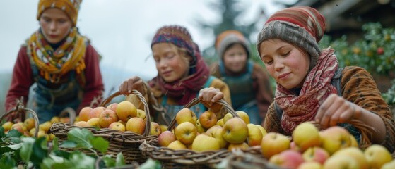 Sticker - Children gather apples in woven baskets. AI.