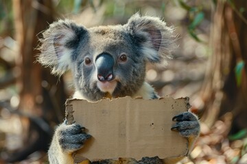 Wall Mural - A koala holds up a blank sign. AI.