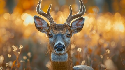 Wall Mural - Male deer buck in autumn forest with golden background