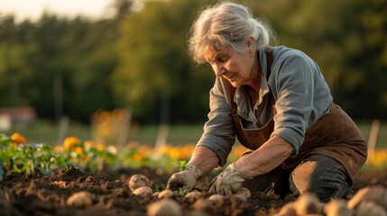 Canvas Print - A woman harvests potatoes in a garden. AI.