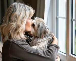 Canvas Print - Woman holding a small dog close to her. AI.