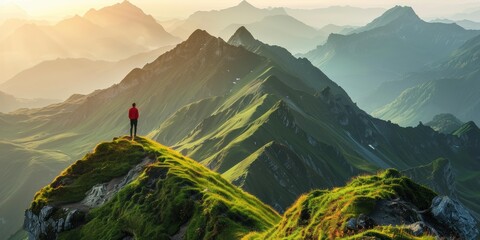 Canvas Print - A lone hiker stands on a mountain peak, taking in the vast and breathtaking view of the surrounding landscape. AI.