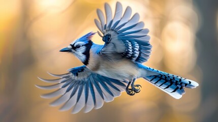 Wall Mural - Blue jay in flight amidst soft golden light during early morning hours