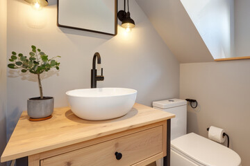 Wall Mural - A Scandinavian bathroom with a sink, toilet, and a potted plant