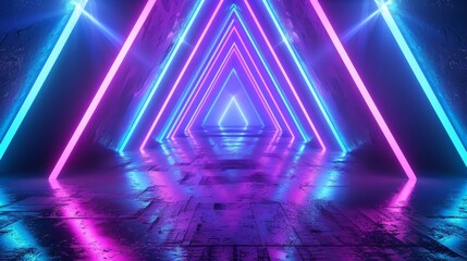 Poster - A 3d render with pink glowing neon light triangles, geometric wallpaper with triangular tunnels