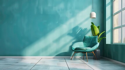 Canvas Print - A teal armchair sits in a minimalist room with natural light streaming in from a window, casting shadows on the wall. A potted green plant is next to the chair.