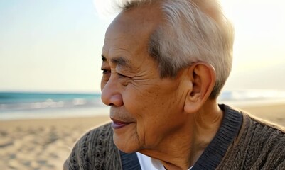 Wall Mural - Close-up portrait of a Chinese man in his 70s in a beach background wearing a chic cardigan