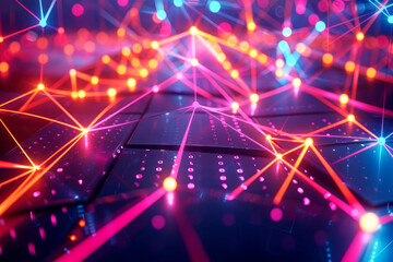 Poster - A visually striking image depicting interconnected neon nodes with bright colors, illustrating a concept of a digital network and connectivity.