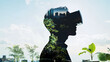© Luluraschi - a client with VR goggles, their silhouette combined with a 3D render of an urban rooftop garden, eco architecture project, 360 virtual tour