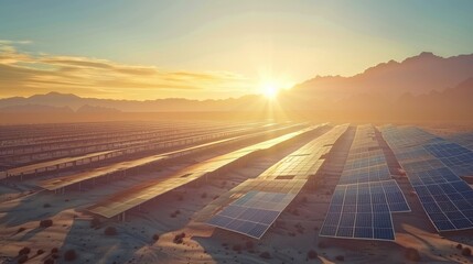 Solar farms in a desert, utilizing cutting-edge technology for large-scale energy production