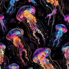 Wall Mural - a pattern of seamless jellyfishes on a black background with a colorful repeating texture. night gal