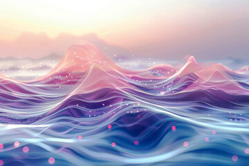 Poster - Digital art showcasing flowing waves and mountains in pastel colors, creating a serene and dreamlike landscape with a blend of reality and abstract elements.