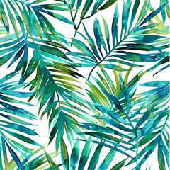 Wall Mural - Hand drawn jungle illustration with watercolor tropical palm leaves. Seamless tropical palm leaves pattern.