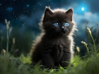 adorable black kitten with big blue eyes in the grass