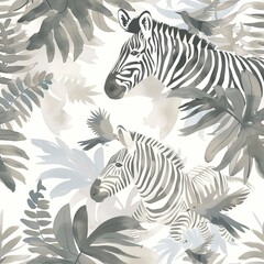 Wall Mural - Seamless pattern depicting a tropical palm tree and zebra. A banana palm, zebra, parrot, toucan, and parrot on a gentle silver background.