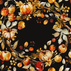 Wall Mural - Watercolor seamless pattern background with thanksgiving autumn wreath isolated on black background. Use on posters, cards, flyers, fabrics, textiles, templates, design, banners, etc.