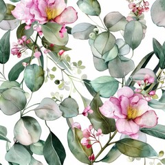 Poster - Wedding invitations, wallpapers, fashion, prints, fabrics. Eucalyptus, rose, peony. Watercolor floral seamless pattern on white background.