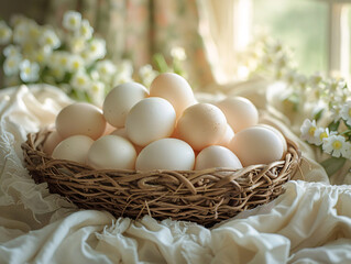  a gently lit, pastel-colored egg nestled among a bed of soft, white flowers.