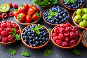 Sticker - Colorful Assortment of Fresh Berries and Fruits Arranged in Bowls on Dark Surface