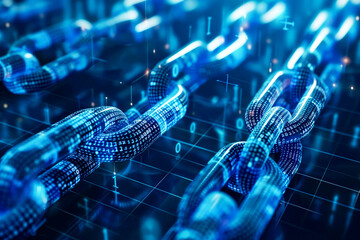 Poster - Abstract blue-toned illustration of interconnected digital chains symbolizing blockchain technology, security, and advanced digital networks.