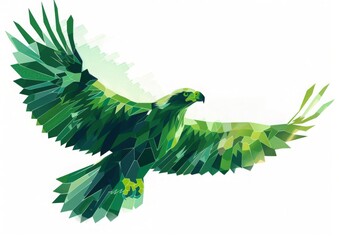 Wall Mural - Abstract polygonal eagle flies with its wings spread wide, rendered in shades of green against a white background