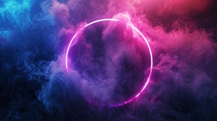 Poster - A vibrant neon circle is glowing beautifully amidst colorful and captivating smoke effects, ideal for futuristic themes